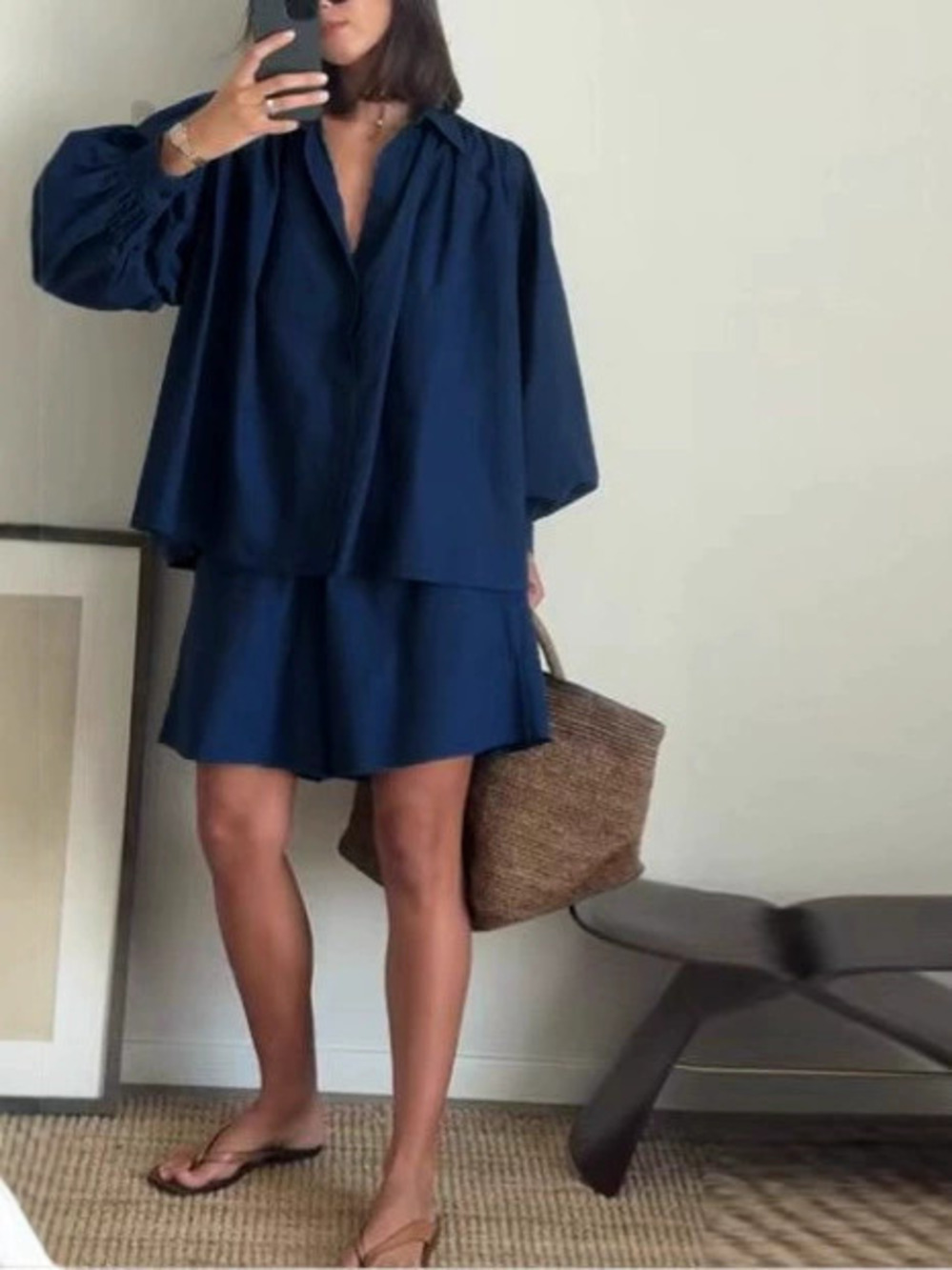 ZARA Women Fall Winter Lantern Sleeve Blouse and Shorts Two Piece Set